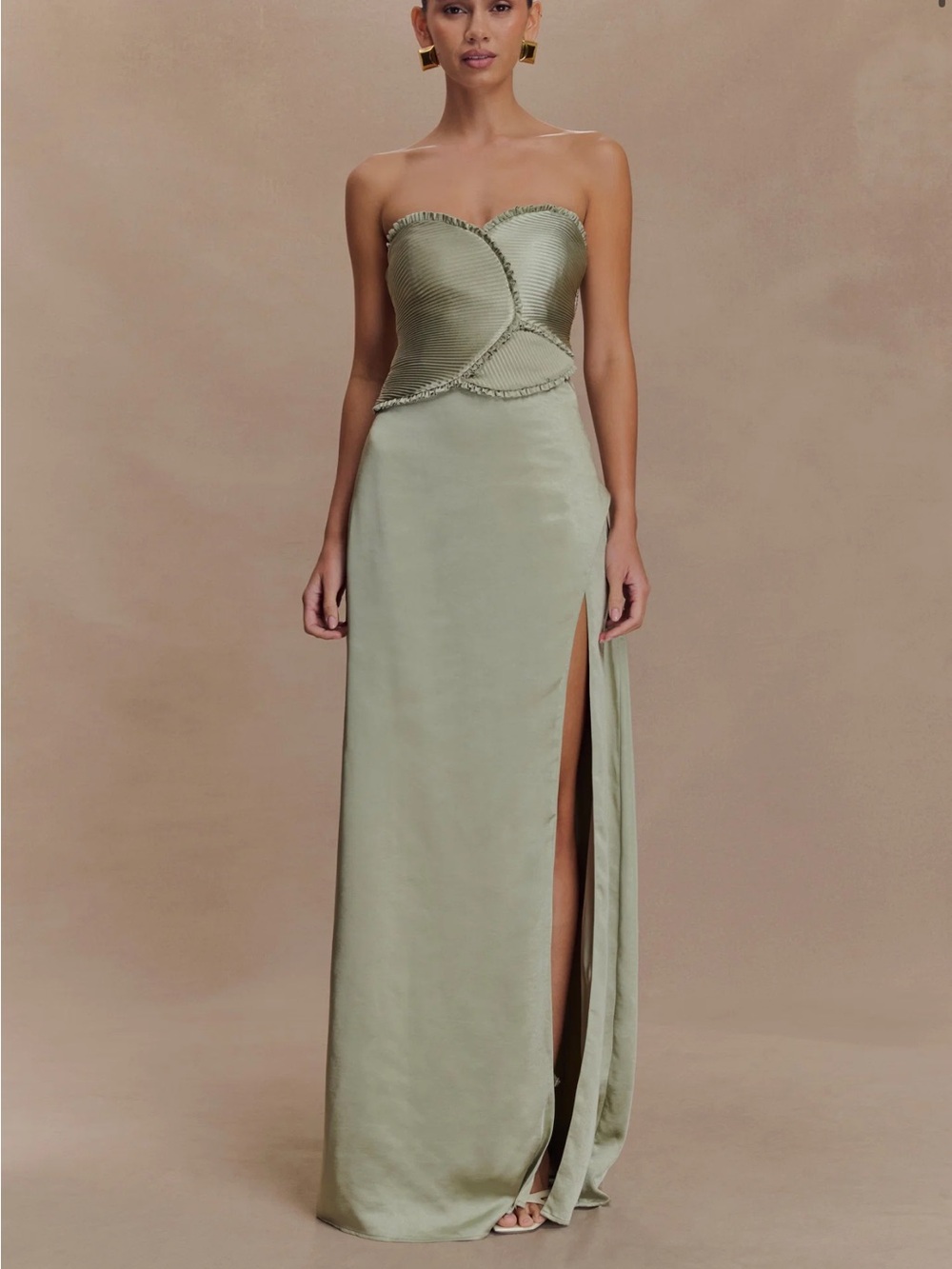 MESHKI Larissa Satin Maxi Dress With Ruched Petals - Sage